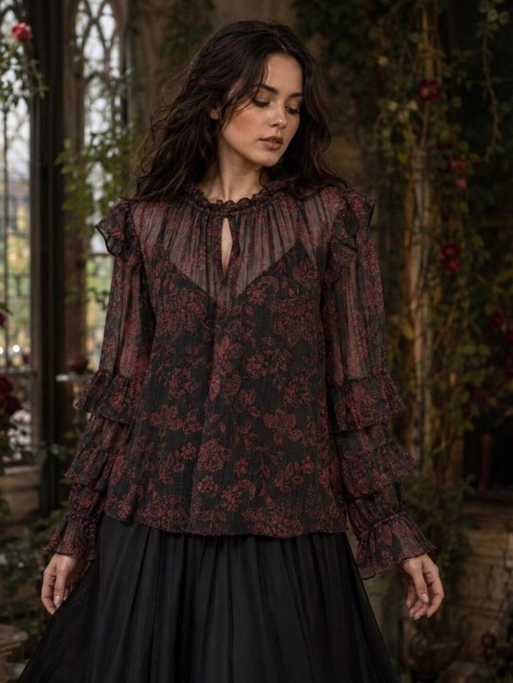 Frye red and black with subtle shimmer threading sheer long-sleeve blouse